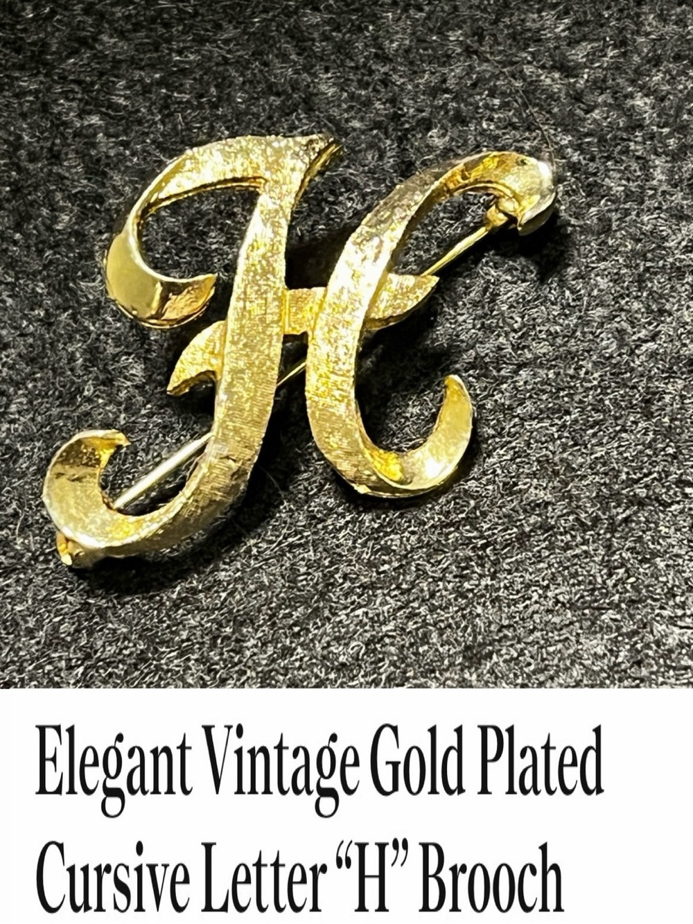 Elegant Vintage Gold Plated Cursive Letter “H” Brooch
